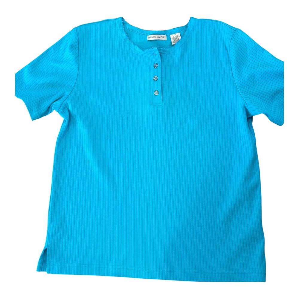 Rebecca Malone Womens Turquoise Blue Ribbed Knit Short Sleeve Henley Top Large